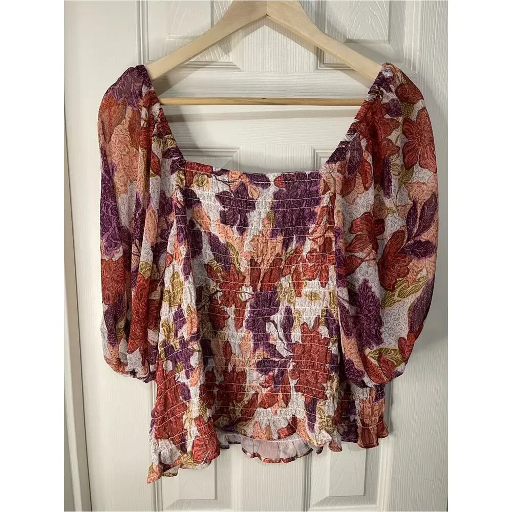 Old Navy Purple Orange Boho Smocked Milkmaid Puff Sheer Sleeve Fitted Top XL